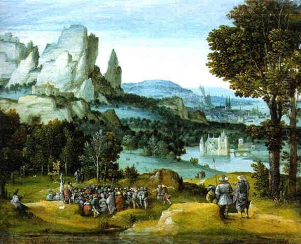 An Extensive Mountainous River Landscape With St. John The Baptist Preaching In The Foreground Oil Painting by  Master of the Female Half Lengths