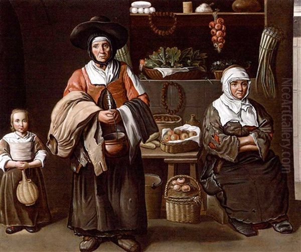 A Young Girl, A Woman And An Elderly Woman Selling Vegetables, Fruit, Bread, Nuts And Wine Oil Painting by  Master of the Games [Maitre des Jeux]