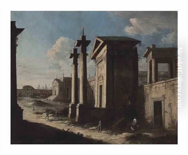 An Architectural Capriccio With Figures Conversing Oil Painting by  Master of the Langmatt Foundation Views