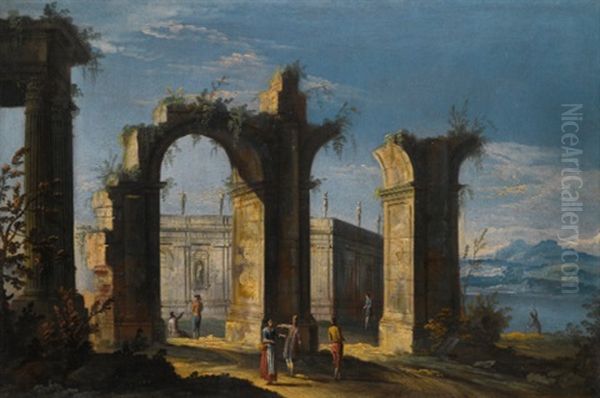 A Capriccio Of Classical Ruins With Figures Conversing On A Path In The Foreground Oil Painting by  Master of the Langmatt Foundation Views