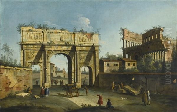 Rome, A View Of The Arch Of Constantine And The Colosseum Oil Painting by  Master of the Langmatt Foundation Views