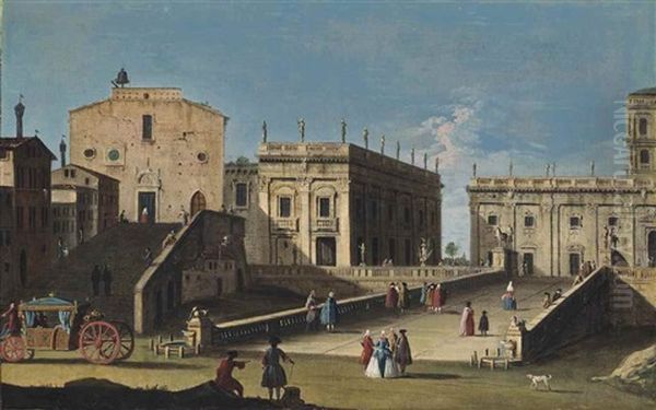 A View Of The Campidoglio, Rome, With Santa Maria In Aracoeli, A Carriage And Elegantly Dressed Figures In The Foreground Oil Painting by  Master of the Langmatt Foundation Views