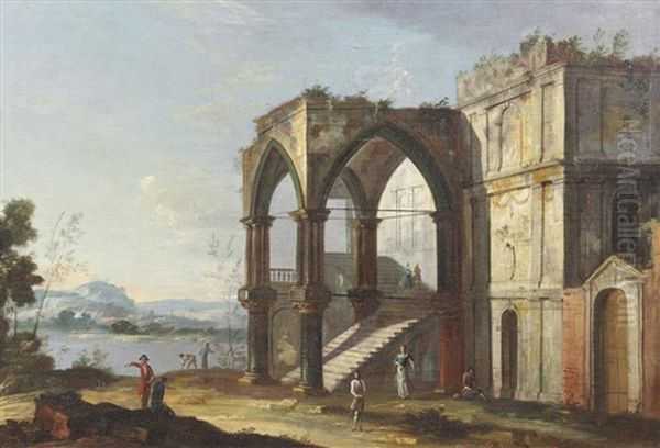 An Architectural Capriccio With Figures Before An Arch Oil Painting by  Master of the Langmatt Foundation Views