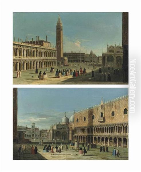 The Piazzetta, Venice, With Figures Conversing Near The Libreria And The Campanile; And The Piazetta, Venice, With Figures Watching A Puppet Show And Others Conversing Before The Ducal Palace And St. Mark