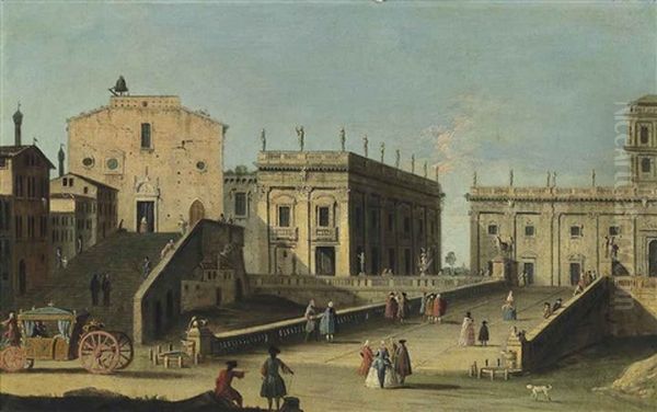 A View Of The Campidoglio, Rome, With Santa Maria In Aracoeli, A Carriage And Elegantly Dressed Figures In The Foreground Oil Painting by  Master of the Langmatt Foundation Views