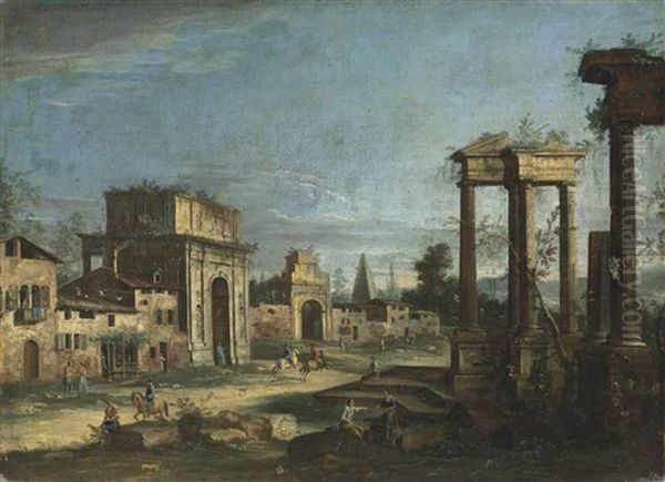 An Architectural Capriccio With Roman Ruins, With Figures Conversing In The Foreground Oil Painting by  Master of the Langmatt Foundation Views