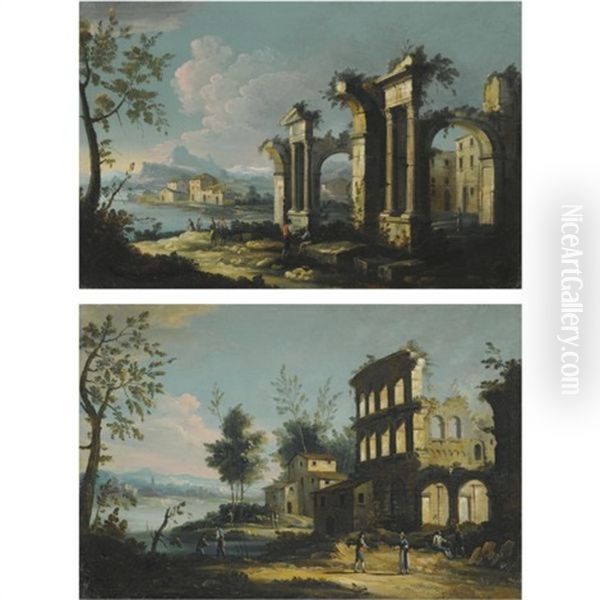 A Pair Of Capriccio River Landscapes With Figures Beneath Ancient Ruins (+ Another; Pair) Oil Painting by  Master of the Langmatt Foundation Views