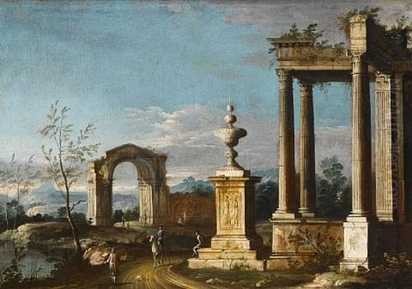 An Italianate Landscape With A Traveller On Horseback Before The Ruins Of A Temple Oil Painting by  Master of the Langmatt Foundation Views