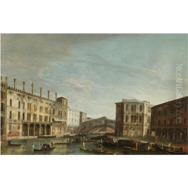 Venice, A View Of The Grand Canal Looking South Towards The Rialto Bridge Oil Painting by  Master of the Langmatt Foundation Views