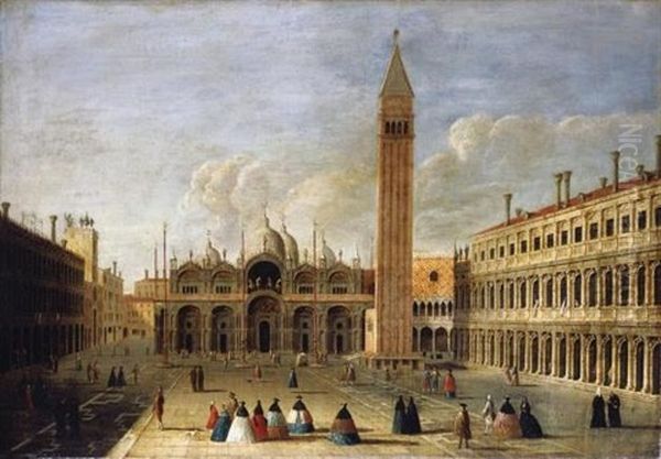 Venice, A View Of The Basilica And Piazza San Marco With Elegant Figures Promenading And Conversing Oil Painting by  Master of the Langmatt Foundation Views