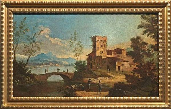 Flusslandschaft Mit Dorf Und Brucke Oil Painting by  Master of the Langmatt Foundation Views