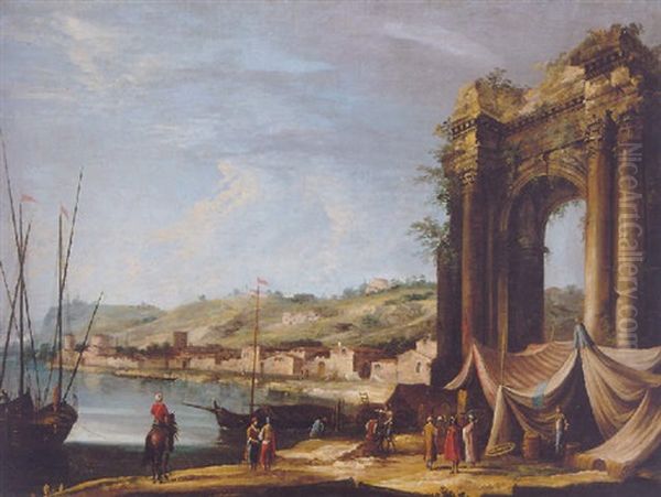 A Capriccio View Of Merchants On A Quayside Beside Roman Ruins Oil Painting by  Master of the Langmatt Foundation Views