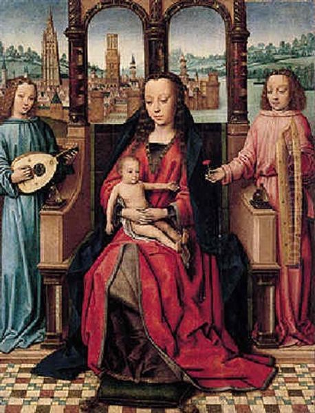 The Virgin And Child Enthroned With Music-making Angels Before A Prospect Of Bruges Oil Painting by  Master of the Legend of Saint Lucy