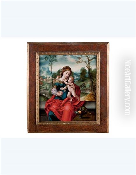 Madonna Con Il Bambino In Un Paesaggio, Con Scene Della Fuga In Egitto, Vassoio Con Frutta E Pappagallo Oil Painting by  Master of the Parrot