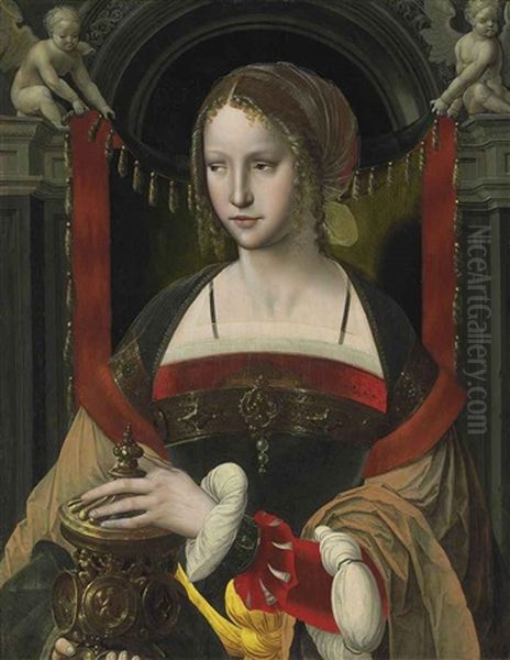 Saint Mary Magdalene Before A Curtain Supported By Angels In An Architectural Niche Oil Painting by  Master of the Parrot