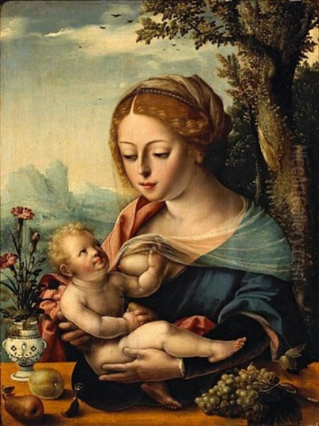 The Madonna Nursing The Christ Child Oil Painting by  Master of the Parrot