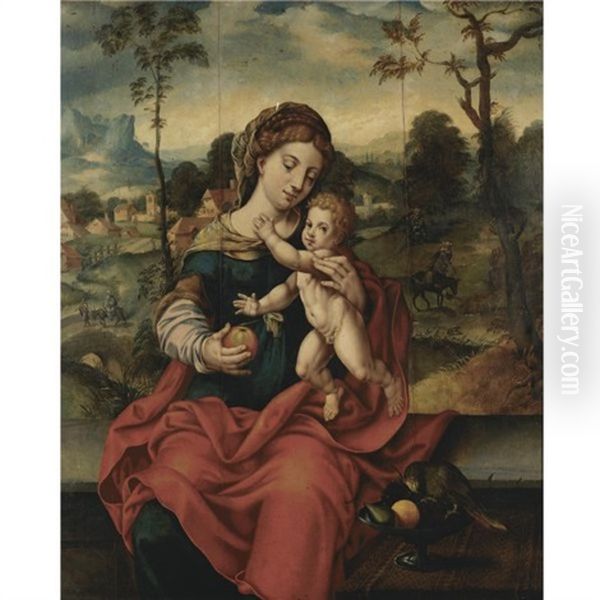 The Virgin And Child In A Landscape (the Rest On The Flight Into Egypt) Oil Painting by  Master of the Parrot