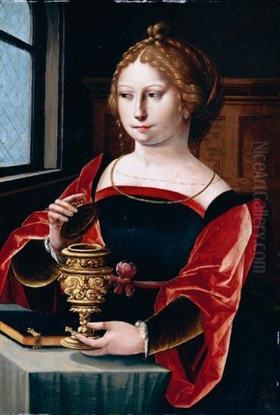 The Magdalene Seated At A Table By A Window, Holding A Gold Encrusted Urn by  Master of the Parrot