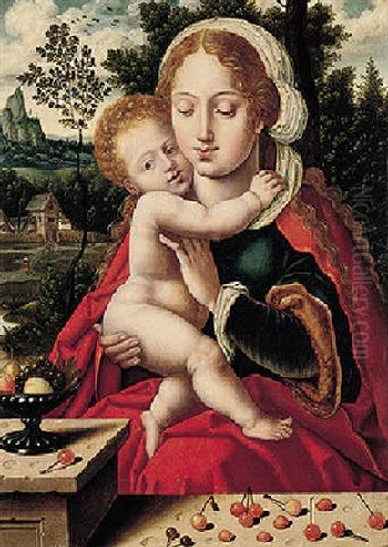 The Virgin And Child With Cherries And Other Fruit, In A Landscape Setting Oil Painting by  Master of the Parrot