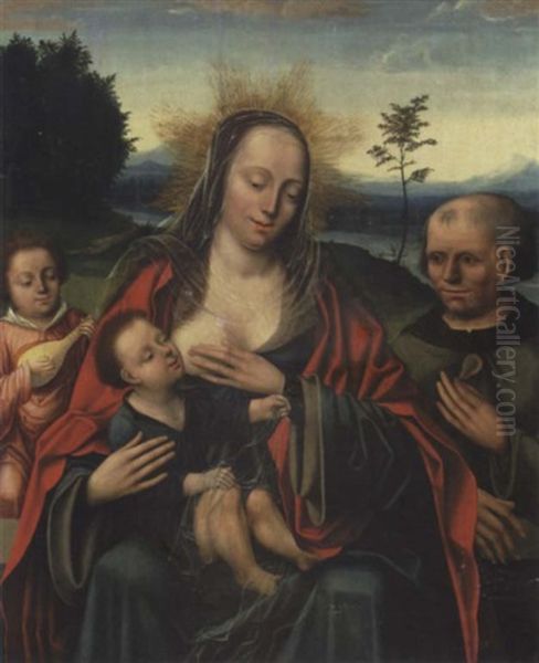 The Holy Family With An Angel Playing A Lute, In A Landscape Oil Painting by  Master of the Parrot