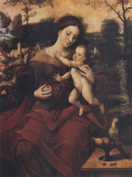 Madonna And Child Seated On A Stone Wall By S Stone Table With A Bowl Of Fruit With A Parrot, A Townscape And Landscape Beyond Oil Painting by  Master of the Parrot