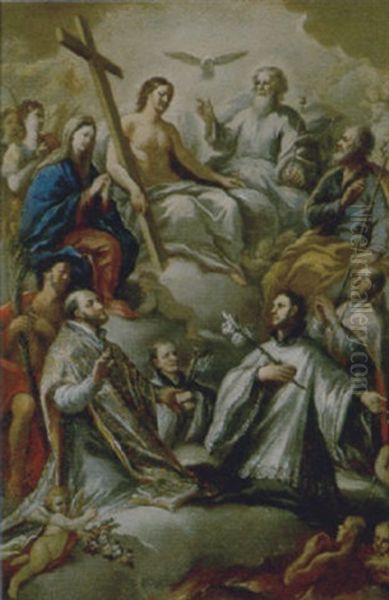 La Trinita In Gloria Con La Madonna, San Giuseppe, San Giovanni Battista, Sant'ignazio Di Loyola, San Francesco Saverio E Sant'agostino Oil Painting by Giuseppe Mastroleo