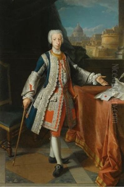 Portrait Of Francisco Pescatori Baroni Mastigoli Y Pasqual, 3rd Marquis Of San Andres De Parma, Wearing The Spanish Order Of Saint James Of The Sword, Behind Him A View Of Rome With Castel Sant'angelo And St. Peter's Basilica Oil Painting by Agostino Masucci