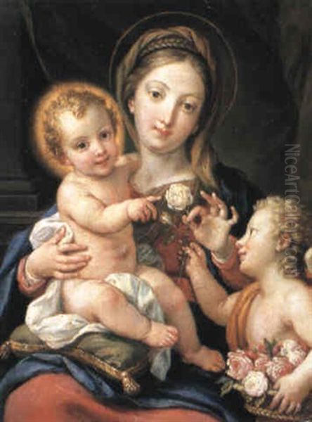 The Madonna And Child With An Angel Holding A Basket Of Flowers Oil Painting by Agostino Masucci