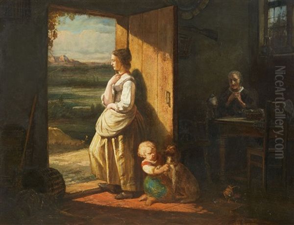 Rustic Interior With A Grandmother, Mother An Oil Painting by Johannes Engel Masurel