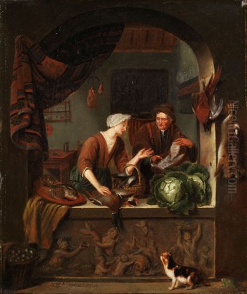 Junge Frau Mit Fischkorb, Erlegtem Federvieh, Fischen Und Gemuse, Die Zum Verkauf Ausgestellt Sind Oil Painting by Johannes Engel Masurel