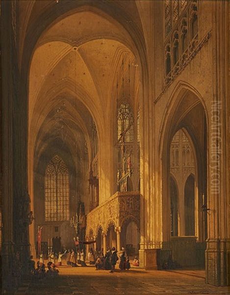 Interieur D'eglise Anime Oil Painting by Joseph Maswiens