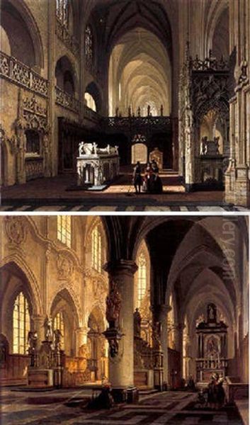 Interieur Van Een Gotische Kerk Met Figuren Bij Een Sarcofaag Oil Painting by Joseph Maswiens