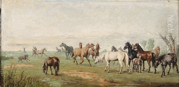 Herd Of Horses With Herdsman Oil Painting by Josef Mathauser