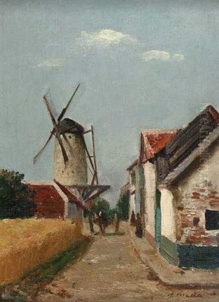 Am Niederrhein, Dorfgasse Mit Windmuhle Oil Painting by Arvid Mather