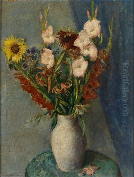 Sommerlicher Blumenstraus Mit Sonnenblumen, Gladiolen Und Lilien Oil Painting by Arvid Mather