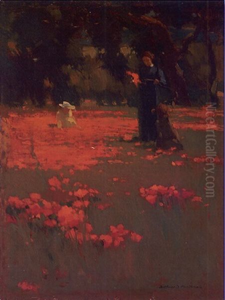 Woman And Children Picking Poppies In Landscape Oil Painting by Arthur Frank Mathews