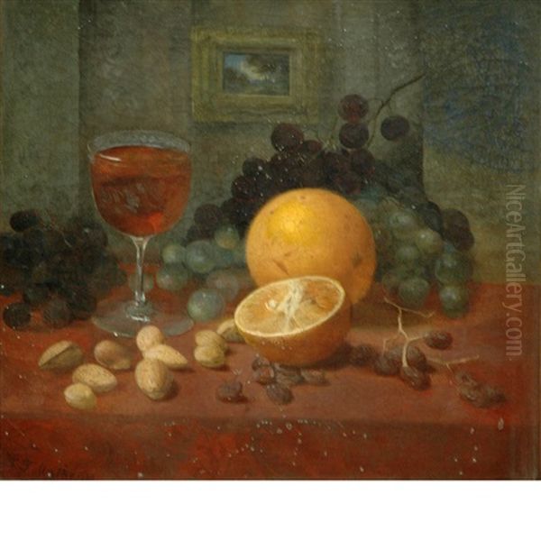 Still Life With Wine, Fruit And Nuts On A Tabletop Oil Painting by William Thomas Mathews