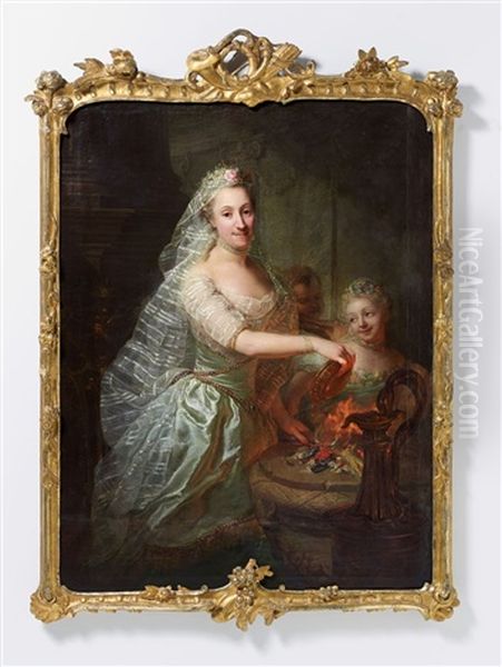 Portrat Der Magdalene Charlotte Von Olthoff Im Weisen Kleid Als Opferpriesterin, Neben Ihr Die Tochter Eleonore Oil Painting by Georges David Mathieu