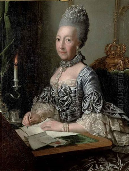 Portrait Of Ulrike Sophie, Princess Of Mecklenburg-schwerin, In A Silver Dress With Lace Cuffs, Seated At A Writing Desk Oil Painting by Georges David Mathieu