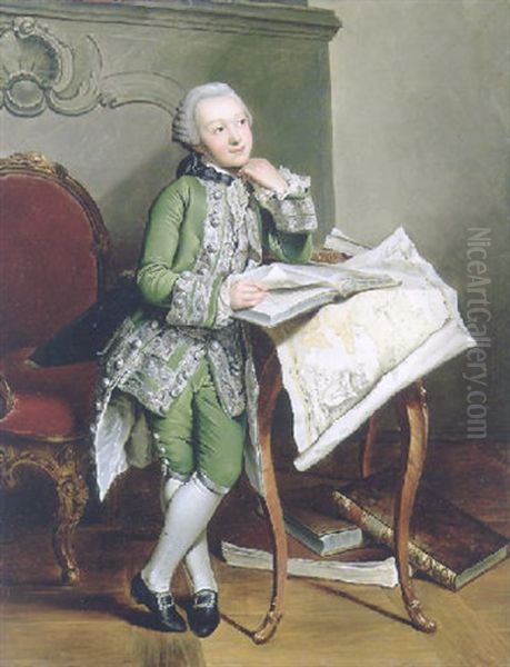 Portrait Of Prince Friedrich-franz I Zu Mecklenburg-schwerin In An Embroidered Green Suit, At His Studies Oil Painting by Georges David Mathieu