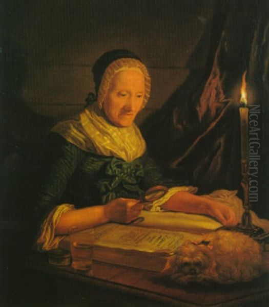 Alte Frau Bei Kerzenlicht In Einer Lutherbibel Lesend Oil Painting by Georges David Mathieu