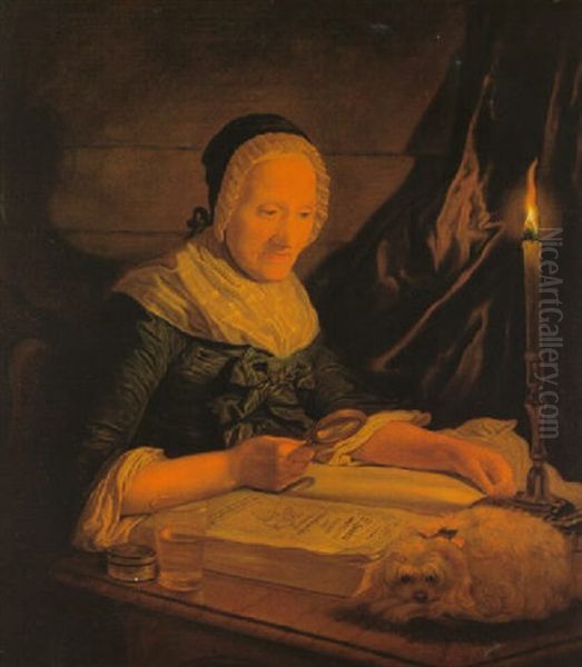 Eine Frau Beim Lesen In Einer Luther-bibel Mit Einem Hundchen Oil Painting by Georges David Mathieu