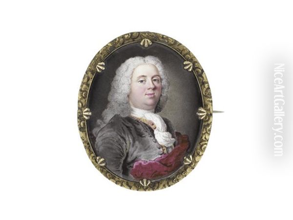 A Gentleman, Wearing Grey Coat Over Gold And Crimson Embroidered Waistcoat, White Stock And Cravat, His Crimson Mantle Draped About Him, His Powdered Wig Falling In Curls Behind His Shoulders Oil Painting by Jean Adam Mathieu