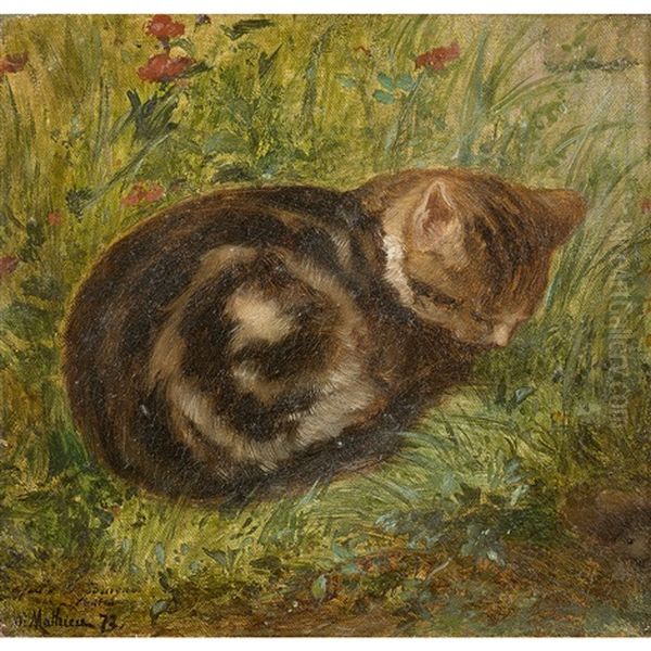 Chat Couche Dans Un Pre Oil Painting by Oscar-Pierre Mathieu