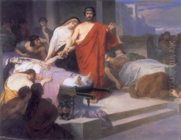 Oedipus Guided By Antigone, Recognizing The Body Of His Mother Oil Painting by Oscar-Pierre Mathieu