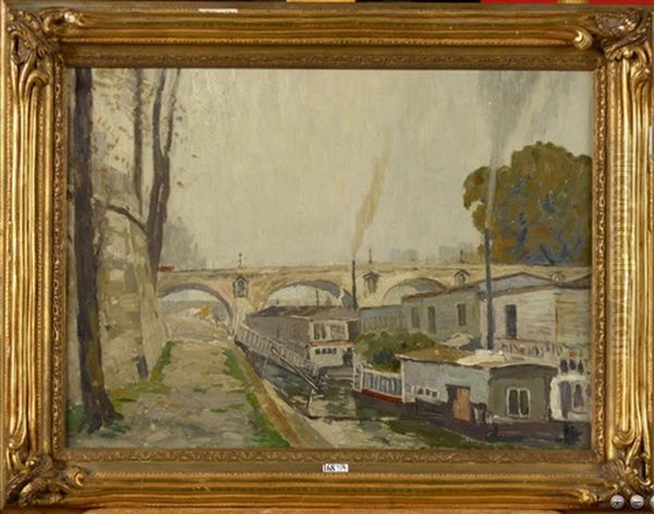 Peniches Le Long Des Quais De La Seine A Paris Oil Painting by Paul Mathieu