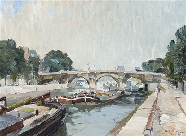 La Seine A Paris Oil Painting by Paul Mathieu