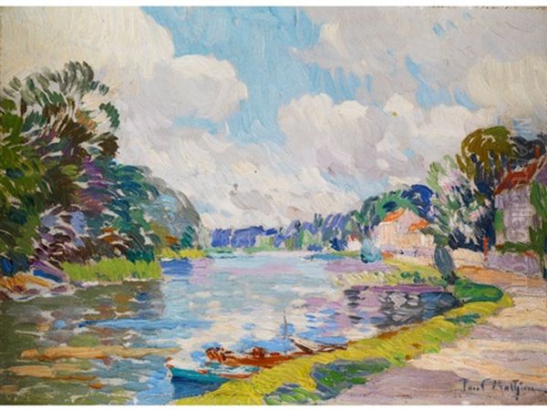 Seine-landschaft Mit Kahn Am Ufer Oil Painting by Paul Mathieu