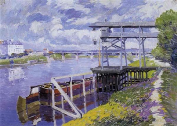 Peniche Sur La Seine - L'elevateur (le Pecq) Oil Painting by Paul Mathieu