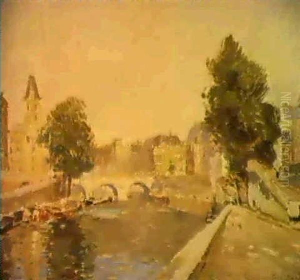 De Seine Te Parijs. La Seine A Paris. Oil Painting by Paul Mathieu